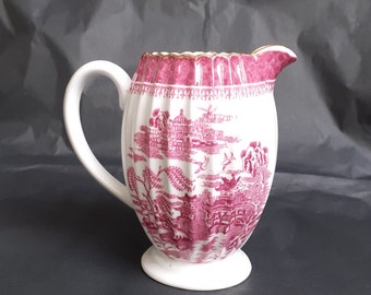 Antique Copelands China 'Chinese Willow' Milk Jug / Creamer - Pink on White With Gilt Trims