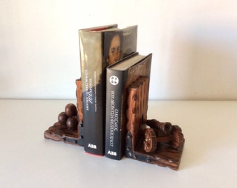 Pair Of Vintage Wooden Bookends, Handcrafted Cannon/balls Bookends, Hand Painted Bookends, Wooden Book Stoppers, Home Decor.