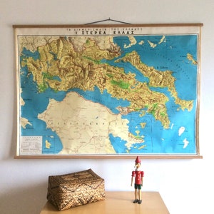 Mid Century Karte von Mittelgriechenland, Vintage Schulkarte, Geographie Karte, Rollkarte, Wandbehang.