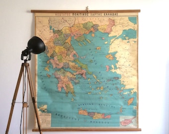 Large Vintage Geography Map, School Chart, Wall Tapestry, Pull Down Chart, Map of Greeece, Greece Pull Down Map, Political Map of Greece.