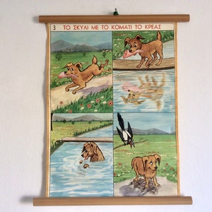 Il cane e il pezzo di carne Favole di Esopo, Carta della scuola pittorica, Carta murale educativa, Carta greca vintage.