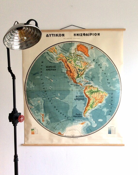 ヴィンテージ西半球地図：1980年代のギリシャ学校チャート壁掛け
