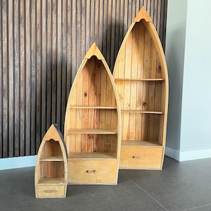 Authentic Vintage Handcrafted Wood Row Boat Shelf’s, Bookshelf’s, Bookcases, Nautical Canoe Shelves Bookshelves.