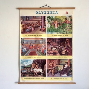 Vintage Odyssey Schulkarte (Teil A), Lehrtafel, Griechische Lehrkarte, Wandbehang.