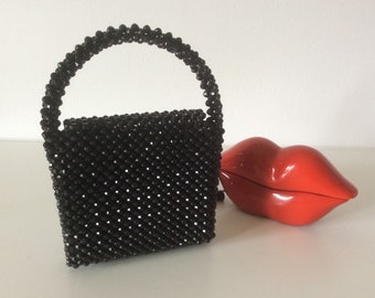 Vintage Kunstperlen Tasche, Schwarze Abend Handtasche, Birnen Handgemachte Tasche, Valentinstag Geschenk.