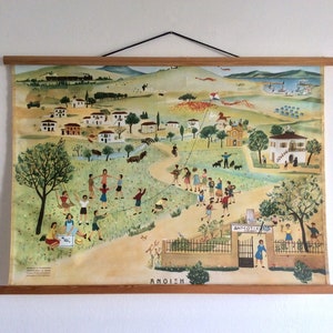 Vintage Mid Century bildliche Schulkarte, Lehrtafel, Frühlingssaison Wandkarte, griechische Landkarte.