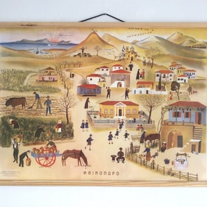 Vintage Mid Century Pictorial School Chart, Educational Pull Down, Autumn Season Wall Chart, Greek Map.