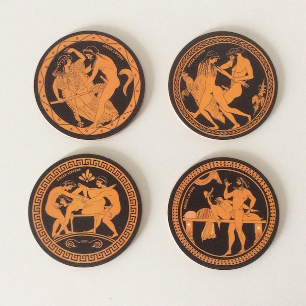 Ancient Greek Lovers Coasters, Set Of 4 Pieces With Natural Cork.