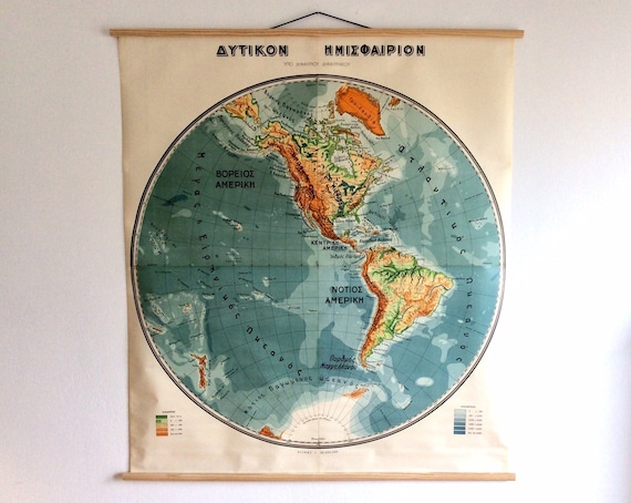 ヴィンテージ西半球地図：1980年代のギリシャ学校チャート壁掛け 