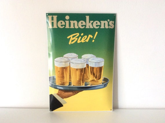 Vintage Heineken Beer Sign: Curved Enamel Metal Advertising, 70s