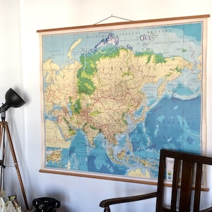 Grande mappa geofisica e politica d'epoca dell'Asia, mappa greca d'epoca, mappa rara, carta geografica scolastica, arazzo da parete, mappa a scomparsa.