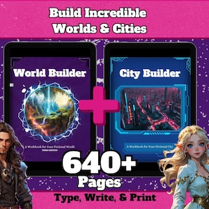 May include: Digital artwork promoting a world-building and city-building workbook. The image features two tablets displaying "World Builder" and "City Builder" with fantasy art. Text reads "Build Incredible Worlds & Cities," "640+ Pages," and "Type, Write, & Print."
