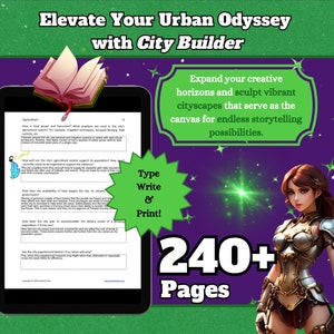 Könnte beinhalten: Ein digitales Tablet zeigt ein Buch und Text mit dem Titel "Elevate Your Urban Odyssey with City Builder." Das Bild enthält den Text "Type, Write & Print!" und "240+ Pages." Eine Frau in Rüstung ist ebenfalls zu sehen.