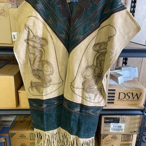 Van Dyck Tan and Green Leather Poncho with Cowboys and Fringes, 27x39&quot;, V Neck, Outdoor