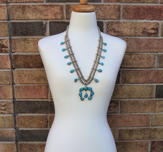 Vintage Navajo Squash Blossom Necklace, Old Pawn T