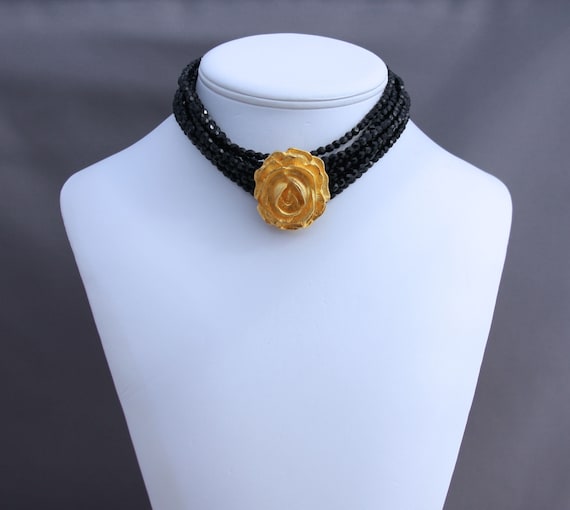 Vintage Black and Gold Rose Choker Necklace, Sexy