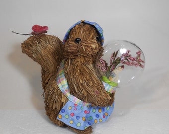 Sisal Squirrel with Bonnet, Bunny Snow Globe, Spring Centerpiece