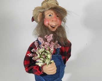 Boyfriend Art Doll with Bouquet, Posable Elf with Flowers, Handmade Folk Art