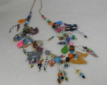 Handmade Folk Art Cat Charm Necklace, Pet Lover Jewelry