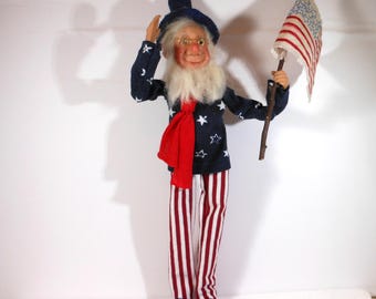 Uncle Sam Holding Flag, Posable USA Figure, Folk Art USA Decoration, Fourth of July Centerpiece