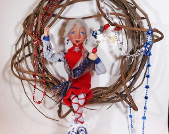 Handmade USA Lady Elf, 4th of July Decoration, Americana decoration, Polymer Clay Art Doll, American Fairy Godmother