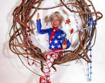 USA Lady Doll, Handmade Patriotic Elf, 4th of July Decoration, Americana decoration, Polymer Clay Art Doll, American Fairy Godmother