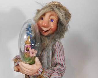 Woodland Elf with Spring Globe, Easter Snow Globe, Rustic Floral Arrangement, Mother's Day Gift, Spring Gardener's Gift, Cute Bunny Globe