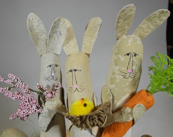 Three Primitive Rabbits, Spring Centerpiece, Folk Art Bunny, Fabric Rabbit, Spring Decor, Easter Decor, Easter Basket Stuffer, Garden decor