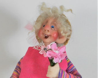 Posable Lady Elf with Flower Basket, Easter Basket with Bunny, Folk Art Doll, Floral Centerpiece, Mothers Day Gift, Hostess Gift
