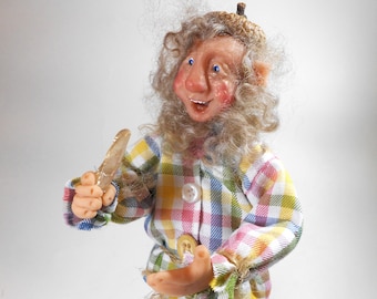 Polymer Clay Elf Doll with Crystal, Posable Folk Art Shelf Sitter