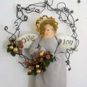 Folk Art Angel on a Wreath, Twisted Wire Wreath, Harvest Decoration, Christmas Angel, Love, Joy, berries and Leaves, Hostess Gift