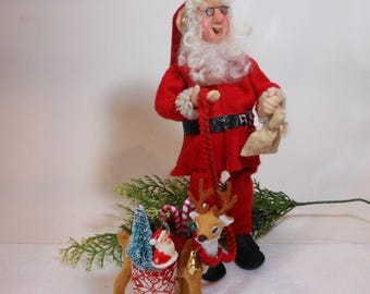 Santa with his Reindeer, Posable elf doll, Christmas centerpiece, Santa's sack of toys