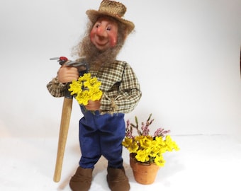 Posable Folk Art Gardener, Farmer/Boyfriend with Bouquet, Flower Gardener with Rake and Flowerpot, Gardener gift