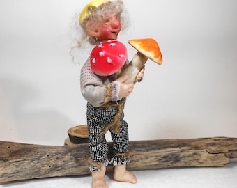 Woodland Elf with Mushrooms, Hand-Sculpted Polymer Clay, Posable Art Doll