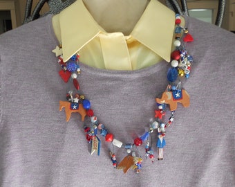 USA charm necklace, Americana folk art, adjustable, USA flags, eagle, Uncle Sam, Liberty Bell, (A)