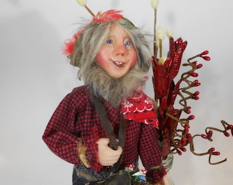 Woodland Elf with Sack of Herbs, Shelf Sitter Elf, Rustic Floral Arrangement, Mother's Day Gift, Medical Gift, Nature Lover Gift