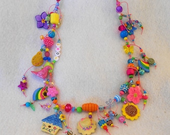 Handcrafted Garden Garland Necklace, Whimsical Ceramic Charms, Wearable art