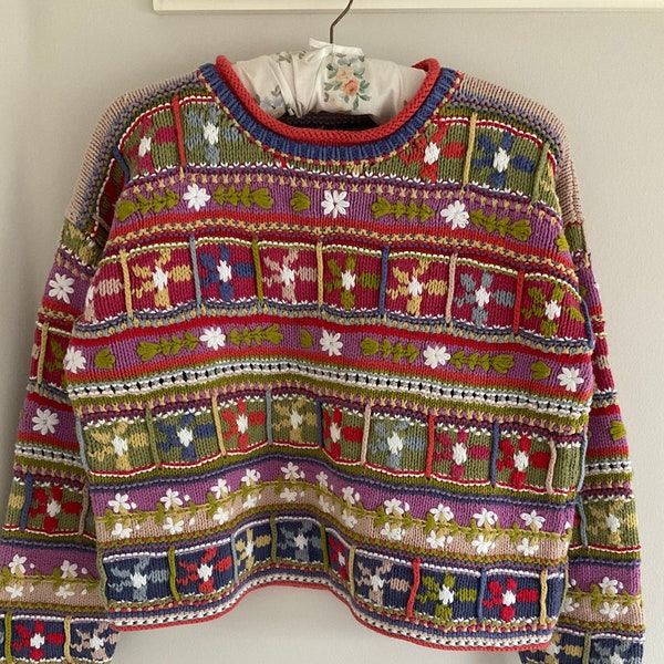 Jersey de los años 80, jersey vintage, suéter de mujer, jersey recortado, punto de algodón, ropa de los años 80, suéter, jersey grueso, boho, floral, festival