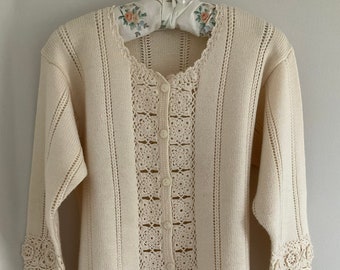 Vintage cardigan, 80's cardigan, ladies cardigan, cream knit, crochet, cream cardigan, long cardigan, 80's clothing, crochet cardigan