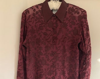 Laura Ashley blouse, vintage blouse, 90's blouse, sheer blouse, burgundy blouse, vintage Laura Ashley, tunic top, silk top, long top, 90's