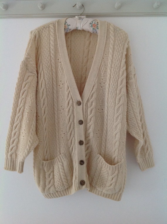 Aran cardigan, cable cardigan, vintage cardigan, l