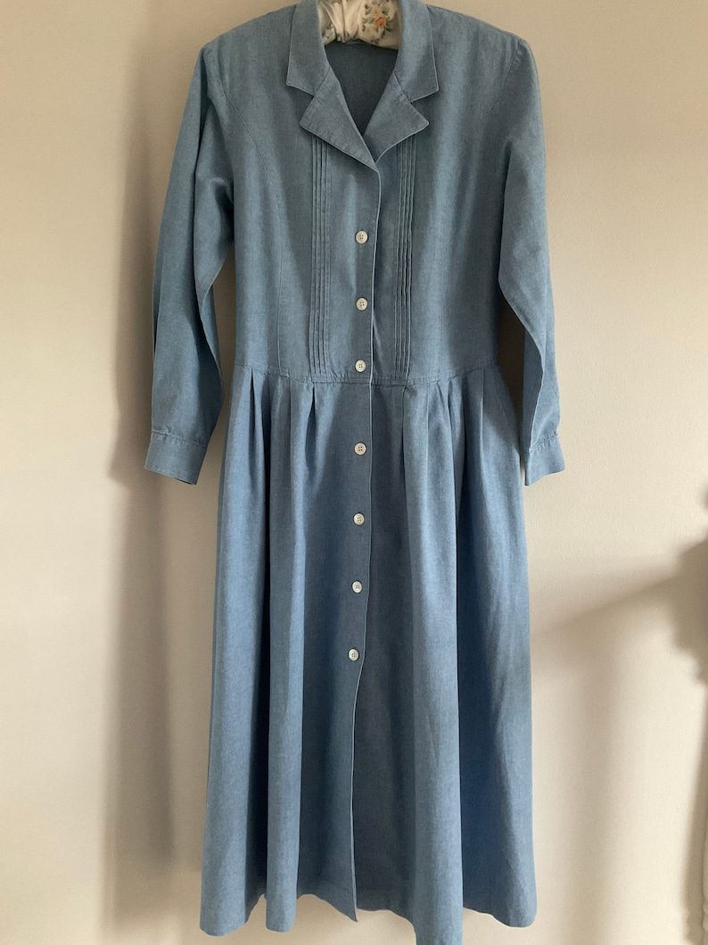 Laura Ashley dress, vintage dress, 80's dress, chambray denim dress, blue dress, smock dress, long dress, cotton dress, shirt dress, 80's image 1