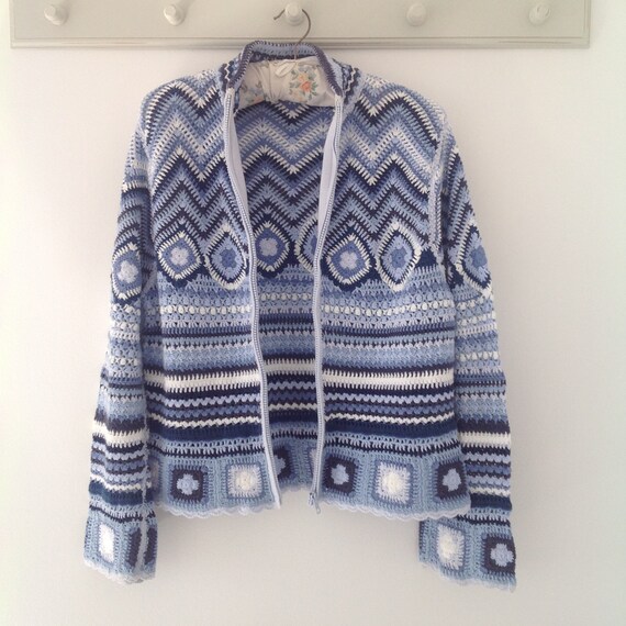 90s BEYOND BLUE Border Knit Cardigan Round-the-World