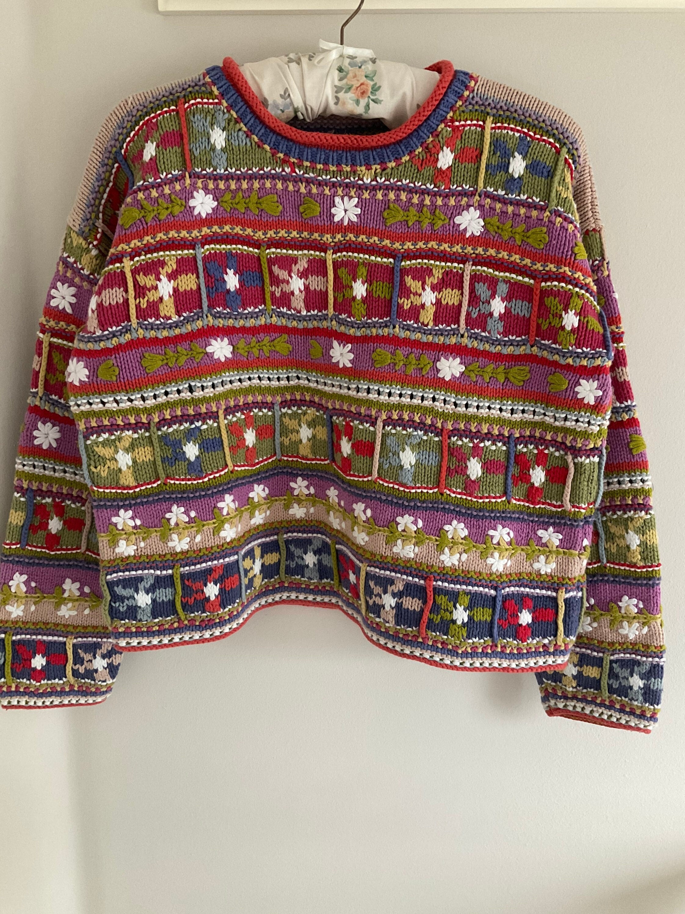 80's jumper, vintage jumper, ladies sweater, cropped jumper, cotton knit, 80's clothing, sweater,  chunky jumper, boho, floral, festival