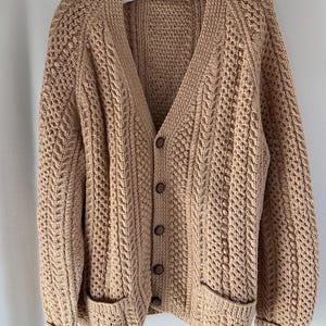 Aran Cardigan, Zopfmuster, Vintage Cardigan, 80er, braune Strickjacke, Herren Cardigan, Wollstrick, Damen Cardigan, handgestrickt, oversized