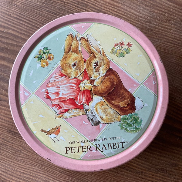 Vintage tin, Beatrix Potter, vintage Peter Rabbit, 90's tin, pink tin, round vintage tin, vintage Beatrix Potter, vintage biscuit tin, 1998
