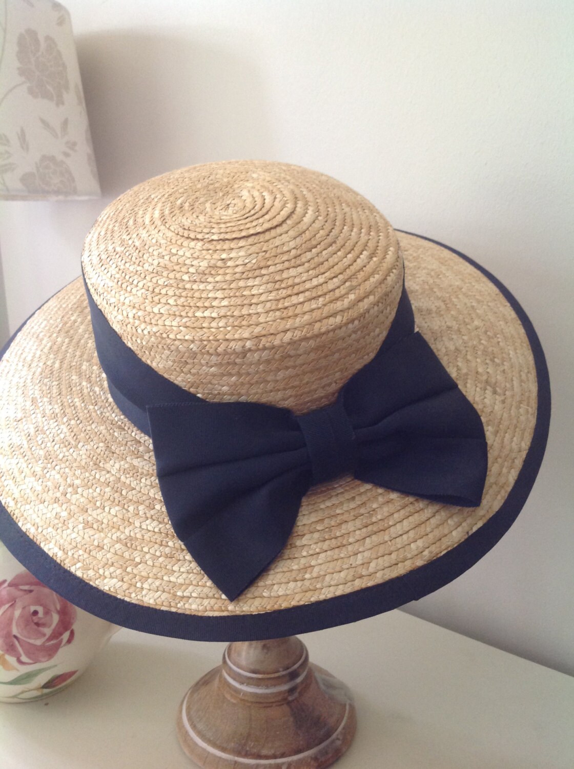 Laura Ashley Straw Hat Straw Boater, Laura Ashley Hat, Vintage Hat, Striped Ribbon  main image 4