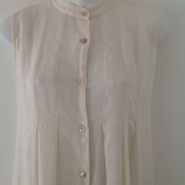 Vintage dress, Laura Ashley dress, linen, dress, 80's clothing, Ivory dress, button through dress,  80's dress, sleeveless dress, long dress