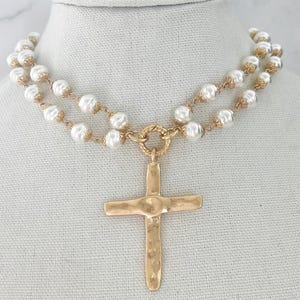 Pearl Cross Necklace Vintage Porcelain Glass Pearl Pearl Beaded Chain Religious Gold Cross Large Gold Cross Pendant Gold Cross Necklace