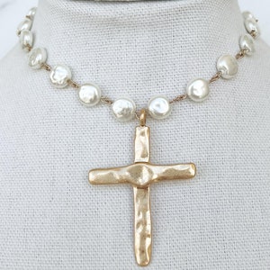 Pearl Cross Necklace Vintage Porcelain Glass Pearl Pearl Beaded Chain Religious Gold Cross Large Gold Cross Pendant Gold Cross Necklace
